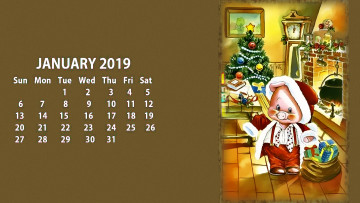обоя календари, праздники,  салюты, свинья, одежда, елка, поросенок, очаг, комната