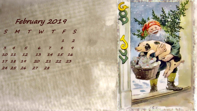 Обои картинки фото календари, праздники,  салюты, елка, поросенок, корзина, свинья, гном