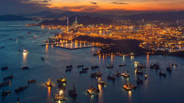 Картинка города гонконг+ китай гонконг огни буксирные суда судно городской вид закат