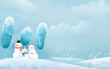 Картинка рисованное -+другое дома снег деревья снеговики