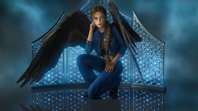 Обои картинки фото 3д графика, ангел , angel, девушка, фон, взгляд, крылья, костюм