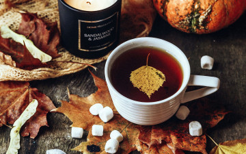 обоя еда, напитки,  чай, свеча, чай, листья, осень