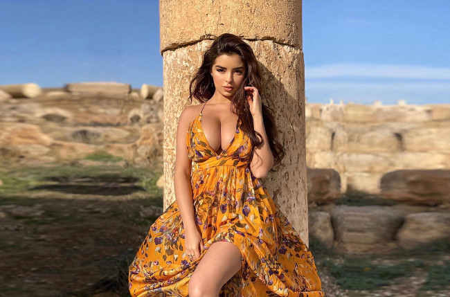 Обои картинки фото девушки, demi rose, брюнетка, платье, декольте