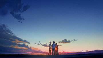 Картинка аниме summer+ghost компания закат небо облака