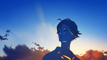 Картинка аниме summer+ghost парень лицо небо тучи закат
