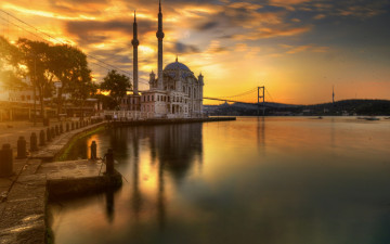 обоя города, стамбул , турция, закат, набережная, мечеть