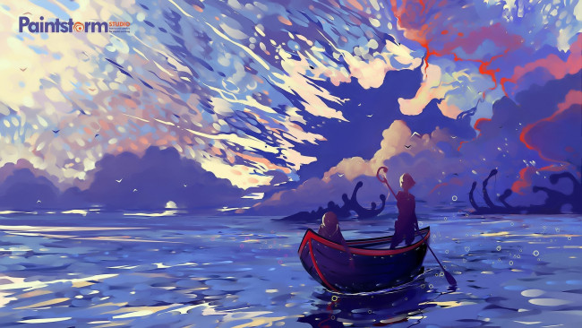 Обои картинки фото аниме, unknown,  другое , лодка, люди, море, магия