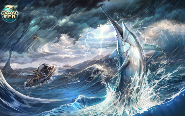 Обои картинки фото видео игры, grand mer, рыба, катер, море, буря, дождь
