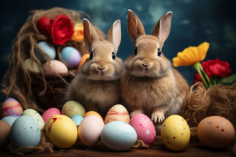 Картинка праздничные пасха праздник яйца зайки пара