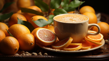 Картинка 3д+графика еда- food листья стол апельсины сок тарелка кружка чашка фрукты