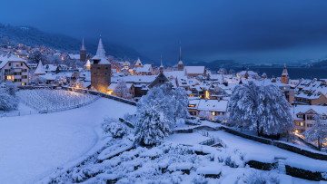 обоя города, - пейзажи, зима, снег, швейцария, фотография, церковь, вечер, деревня, крыши