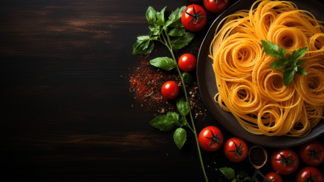 Обои картинки фото 3д графика, другое , other, зелень, листья, темный, фон, доски, помидоры, спагетти, томаты