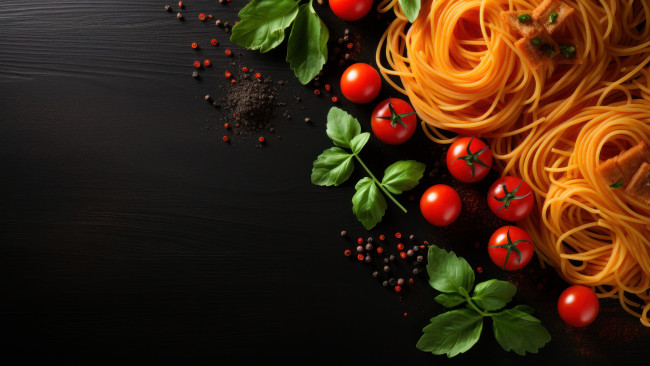 Обои картинки фото 3д графика, еда-, food, зелень, листья, темный, фон, доски, помидоры, спагетти, томаты