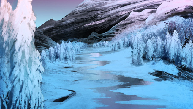 Обои картинки фото рисованное, природа, горы, снег, река, лёд, деревья
