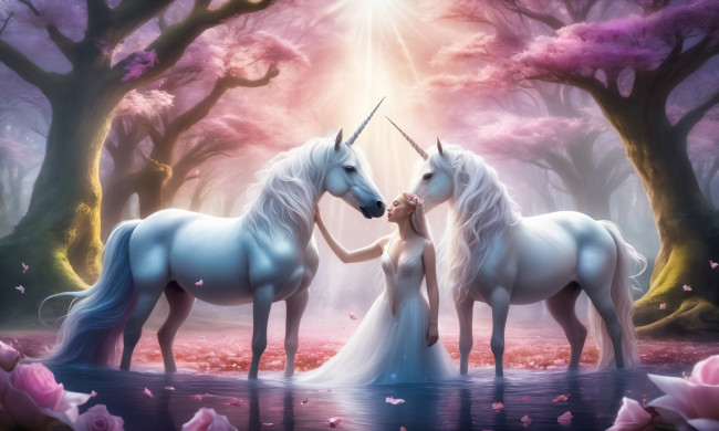 Обои картинки фото фэнтези, единороги, девушка, кони, лошади, единорог, белые, принцесса, сказочный, мир