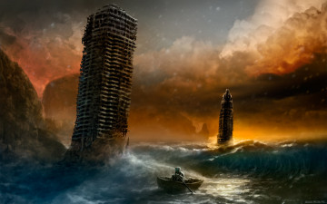 Картинка фэнтези иные миры времена море апокалипсис волны здания руины лодка