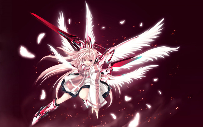 Обои картинки фото аниме, touhou, перья, крылья, наряд, меч