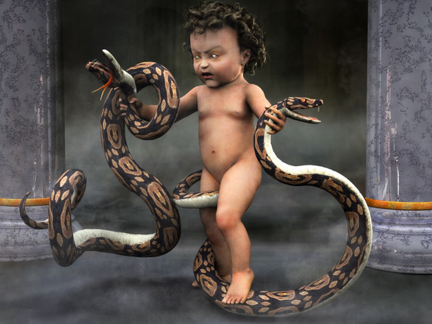 Обои картинки фото 3д, графика, fantasy, фантазия, hercules, and, the, snakes