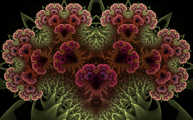 Обои картинки фото 3д, графика, fractal, фракталы, зелень, цветы, чёрный, фон