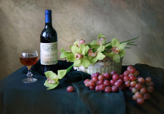 Картинка еда натюрморт орхидеи виноград вино