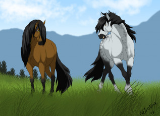 обоя рисованное, животные,  лошади, лошади, взгляд, гривы, трава