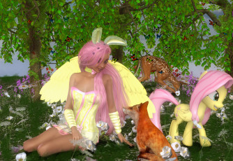 Картинка 3д+графика фантазия+ fantasy олень бабочки цветы фон лиса пони взгляд девушка деревья поляна