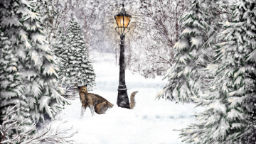 обоя рисованное, животные,  рыси, снег, парк, фонарь, взгляд, рысь, дорога, зима