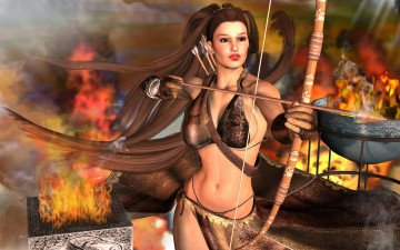 Картинка 3д+графика амазонки+ amazon взгляд фон девушка огонь лук