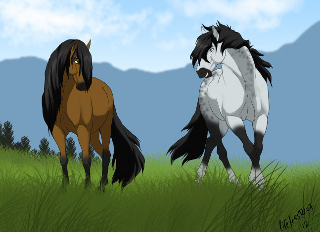 Обои картинки фото рисованное, животные,  лошади, лошади, взгляд, гривы, трава