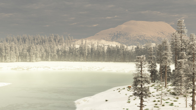 Обои картинки фото 3д графика, фантазия , fantasy, снег, озеро, лес, вершины, медведь