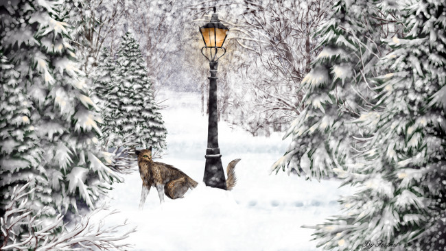 Обои картинки фото рисованное, животные,  рыси, снег, парк, фонарь, взгляд, рысь, дорога, зима
