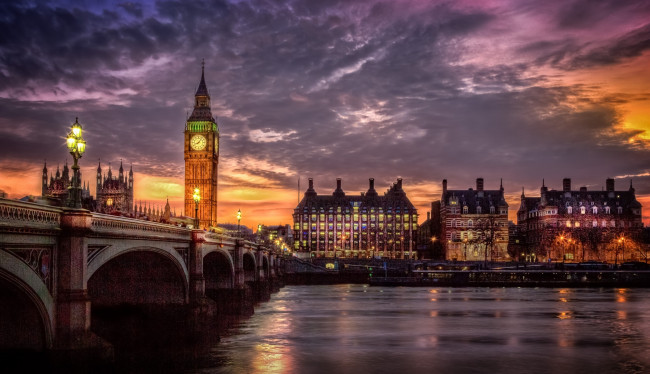 Обои картинки фото города, лондон , великобритания, london, город, река, огни, вечер