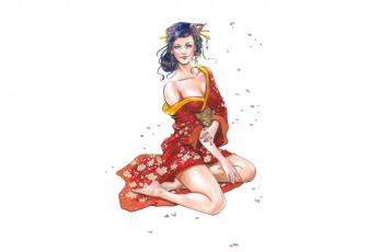 Картинка рисованное люди кимоно взгляд фон девушка
