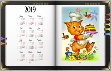 обоя календари, рисованные,  векторная графика, цветы, птица, свинья, торт, поросенок, колпак
