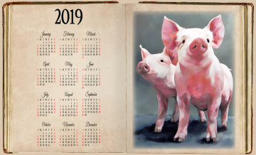 обоя календари, рисованные,  векторная графика, свинья, поросенок