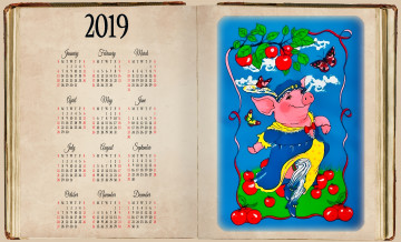 Картинка календари рисованные +векторная+графика яблоко поросенок бабочка свинья фрукт