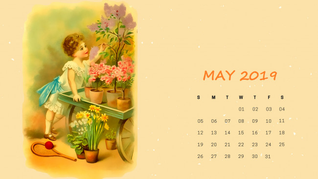 Обои картинки фото календари, рисованные,  векторная графика, ракетка, телега, цветы, девочка