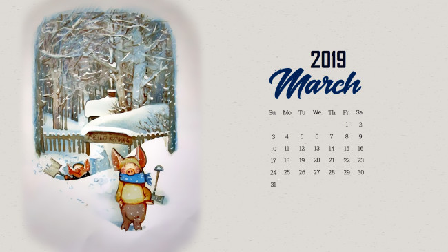 Обои картинки фото календари, рисованные,  векторная графика, поросенок, зима, забор, свинья, лопата, снег