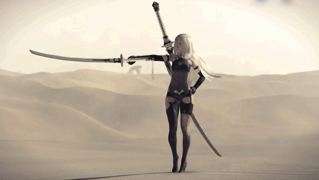 Обои картинки фото видео игры, nier,  automata, мечи, пустыня, андроид, девушка