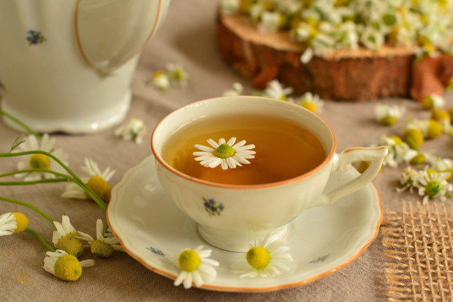 Обои картинки фото еда, напитки,  чай, ромашковый, чай, цветочный, ромашки