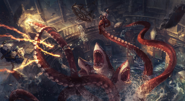 Обои картинки фото pathfinder,  wrath of the righteous, видео игры, ---другое, существо, акула, осьминог, бой