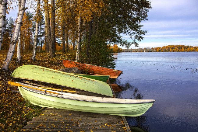 Обои картинки фото корабли, лодки,  шлюпки, река, весла, осень, листопад