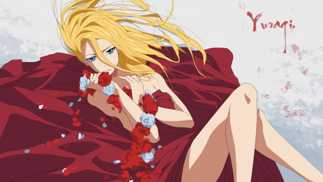 Обои картинки фото аниме, vocaloid, ткань, красное, lily, девушка, цветы