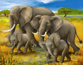 обоя рисованные, животные,  слоны, стадо, слонов, трава, деревья