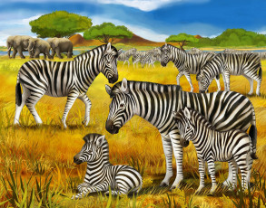 обоя рисованные, животные,  зебры, взрослые, зебры, деревья, трава, малыши