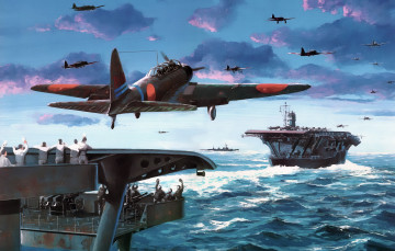 обоя авиация, 3д, рисованые, v-graphic, матросы, война, облака, авианосцы, взлет, самолеты, корабли, море, моряки