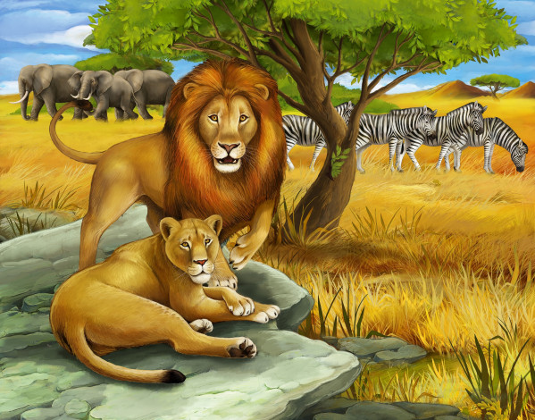 Обои картинки фото рисованные, животные,  львы, львица, лев, камень, трава, деревья