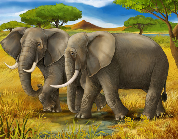 Обои картинки фото рисованные, животные,  слоны, стадо, слонов, трава, деревья