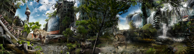 Обои картинки фото alexander koshelkov, фэнтези, иные миры,  иные времена, dual, monitor, здания, динозавры, разруха, город, постапокалипсис, берлин, alexander, koshelkov
