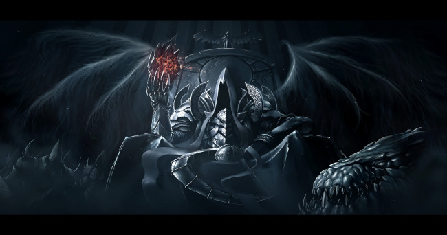 Обои картинки фото видео игры, diablo iii,  reaper of souls, монстр, мрачно, крылья, серп, дьявол, трон